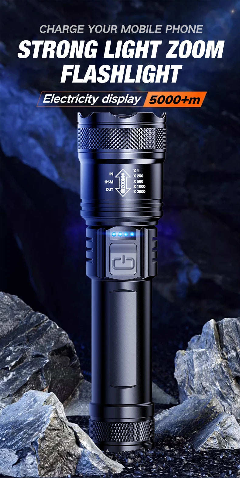 USB Rechargeable LED Flashlight – Zoom Torch with Battery Display
