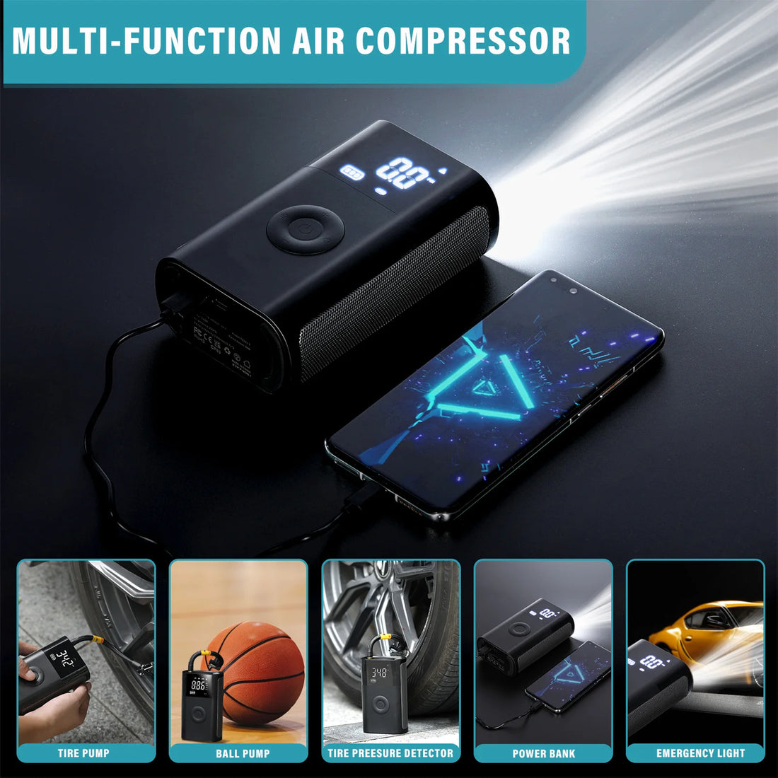 Tomshoo 4-in-1 Car Air Compressor & Power Bank
