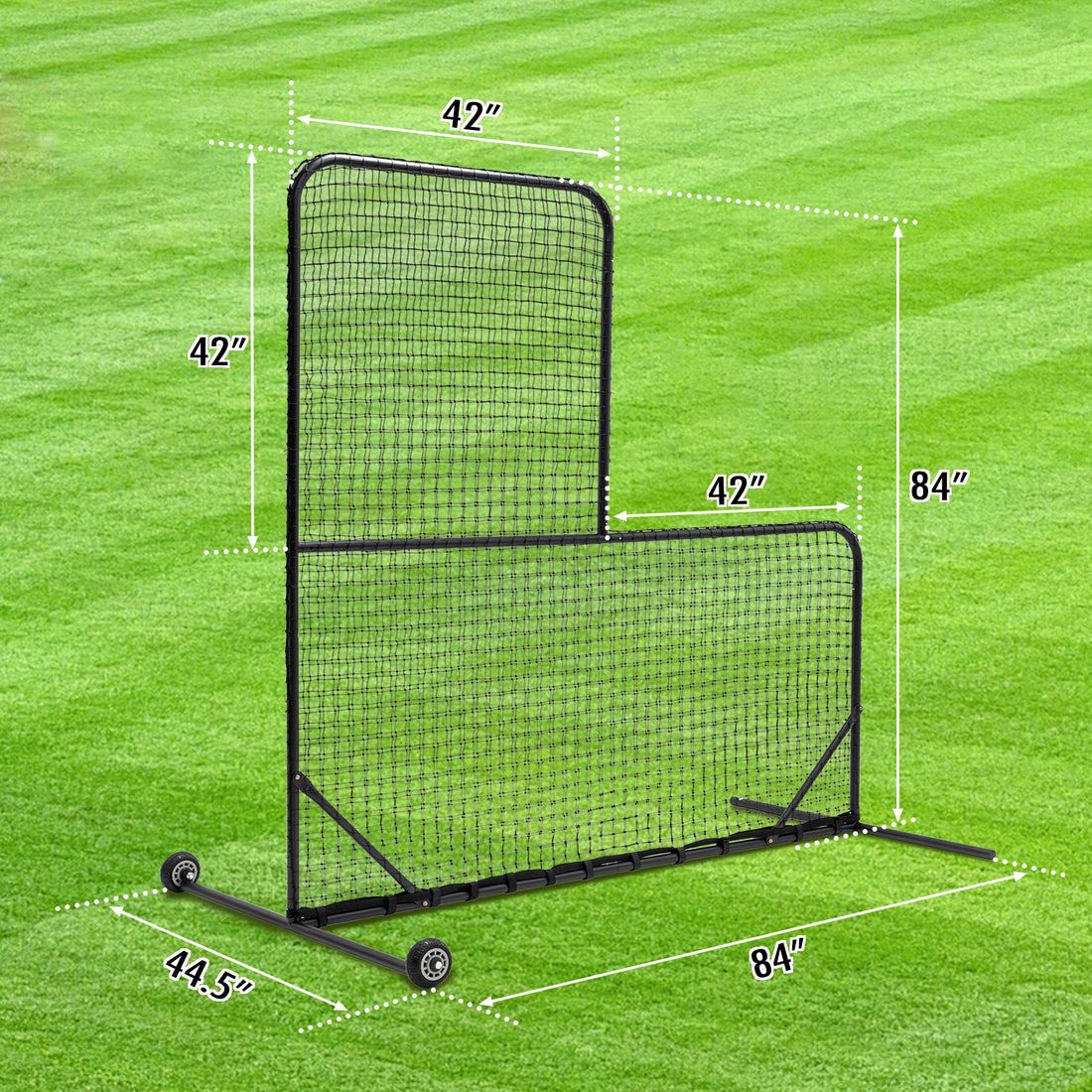 L-Shaped Baseball Pitching Net with Wheels – 84"x84"