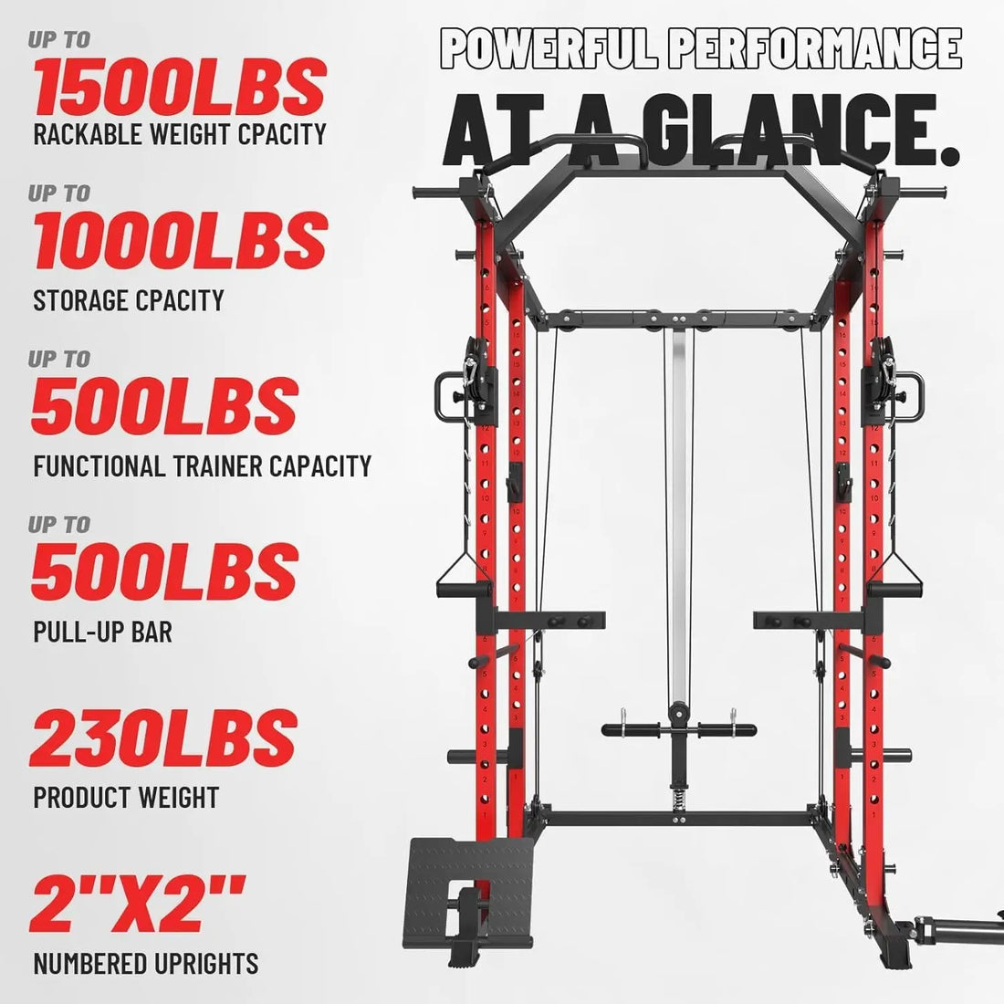 1500LBS Squat Rack with Cable Crossover & LAT Pulldown System