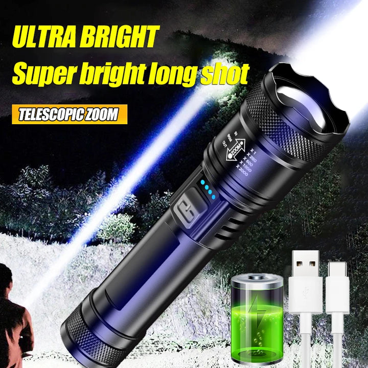 USB Rechargeable LED Flashlight – Zoom Torch with Battery Display