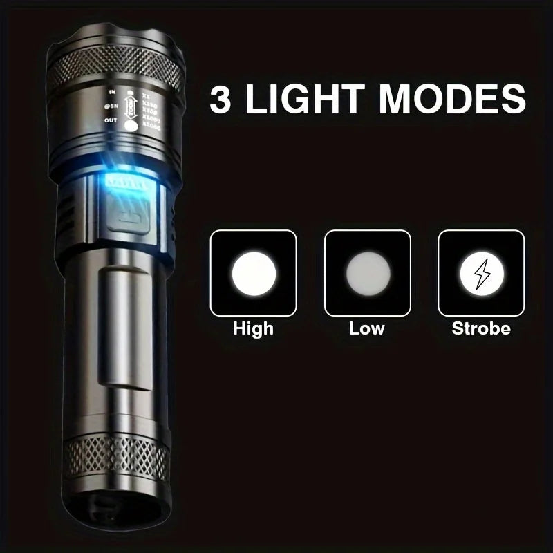 USB Rechargeable LED Flashlight – Zoom Torch with Battery Display
