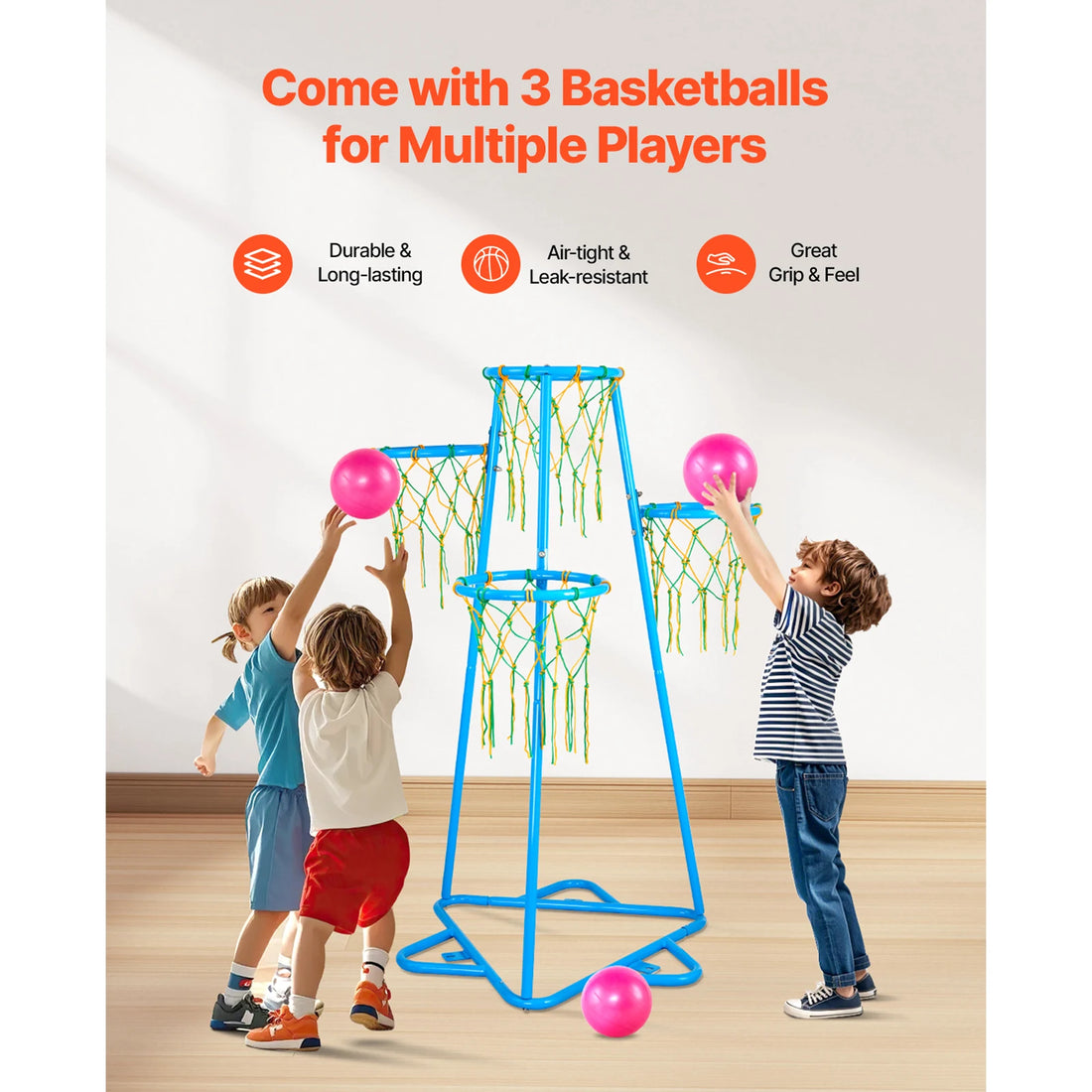 VEVOR 4-Hoop Kids Adjustable Basketball Stand with Balls