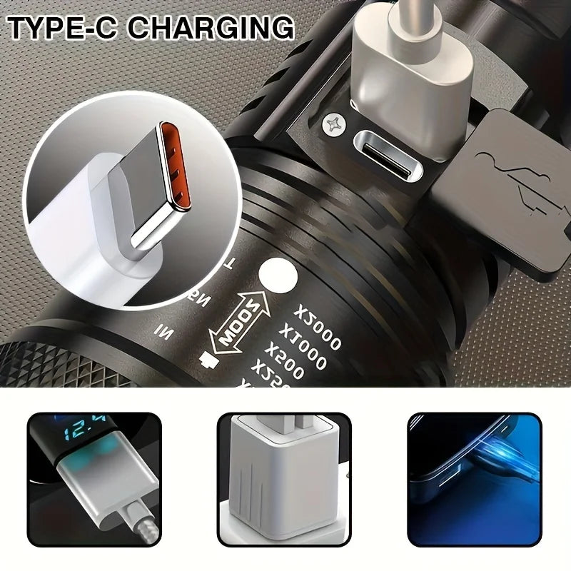 USB Rechargeable LED Flashlight – Zoom Torch with Battery Display