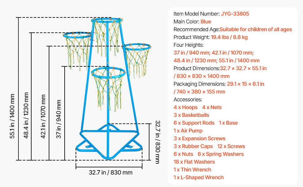 VEVOR 4-Hoop Kids Adjustable Basketball Stand with Balls