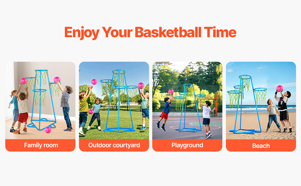 VEVOR 4-Hoop Kids Adjustable Basketball Stand with Balls