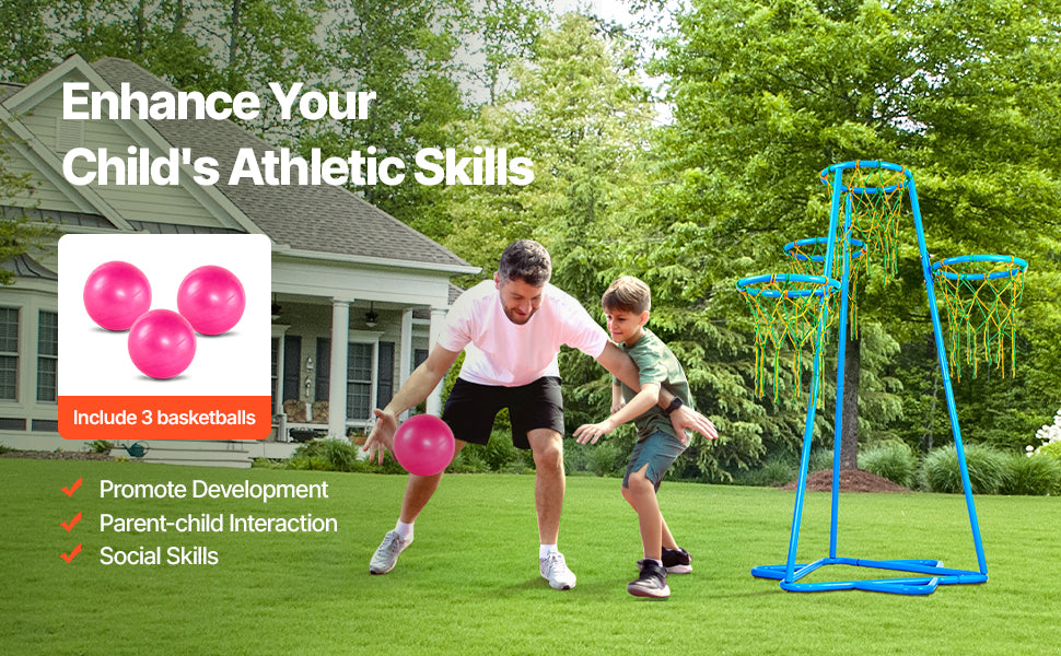 VEVOR 4-Hoop Kids Adjustable Basketball Stand with Balls